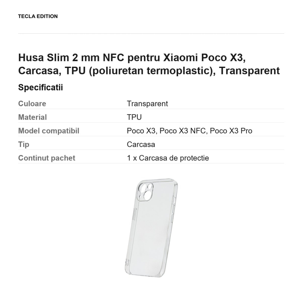 Husa Slim 2 mm NFC pentru Xiaomi Poco X3, Carcasa, TPU (poliuretan termoplastic), Transparent [3]