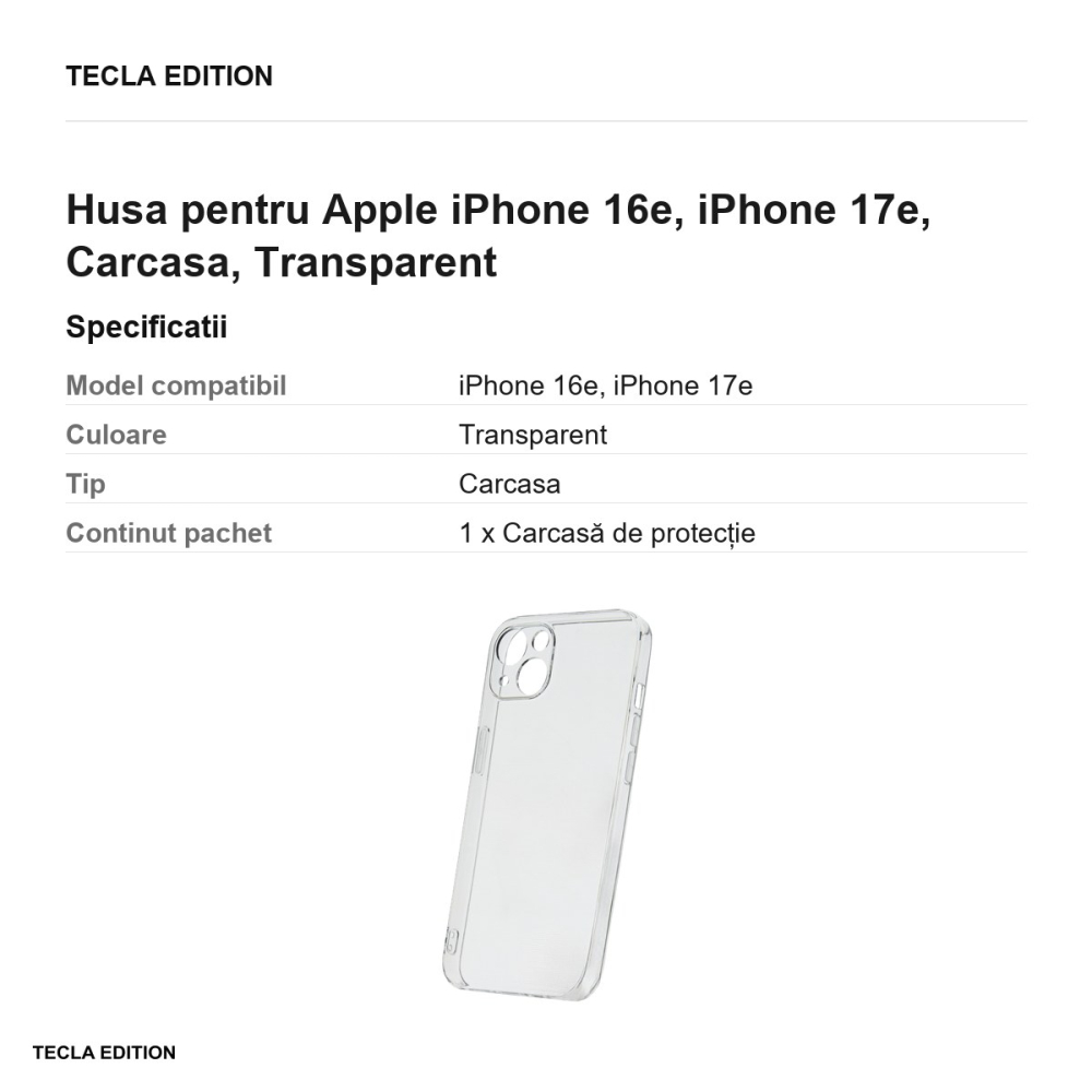 Husa Slim 2 mm pentru Apple iPhone 16e, iPhone 17e, Carcasa, Transparent [3]