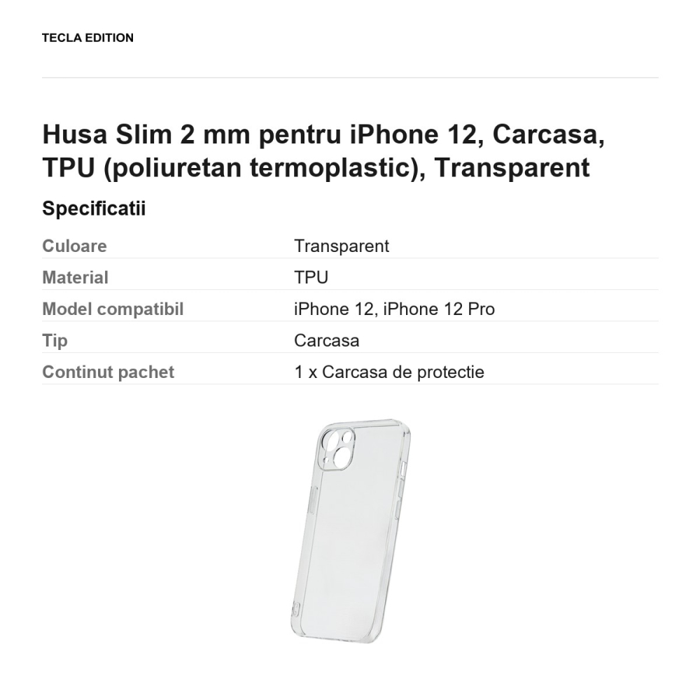 Husa Slim 2 mm pentru iPhone 12, Carcasa, TPU (poliuretan termoplastic), Transparent [3]