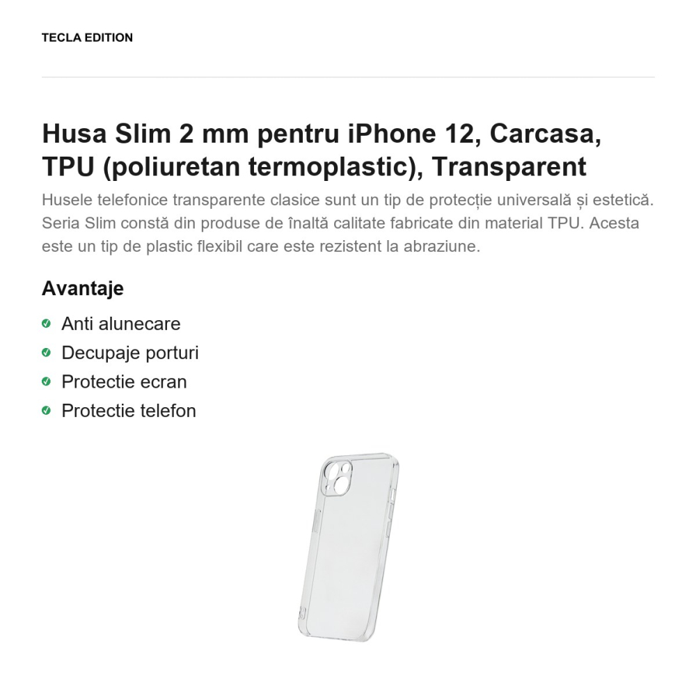Husa Slim 2 mm pentru iPhone 12, Carcasa, TPU (poliuretan termoplastic), Transparent [2]
