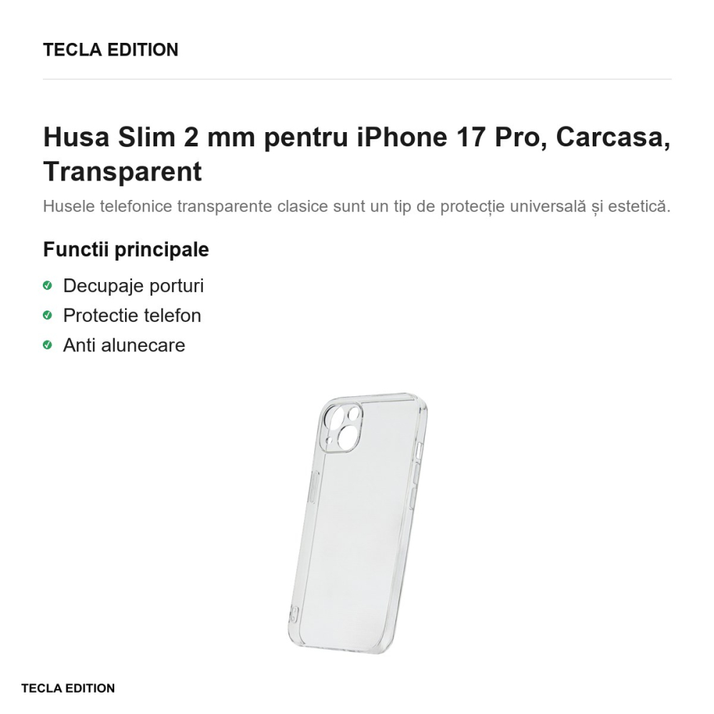Husa Slim 2 mm pentru iPhone 17 Pro, Carcasa, Transparent [2]