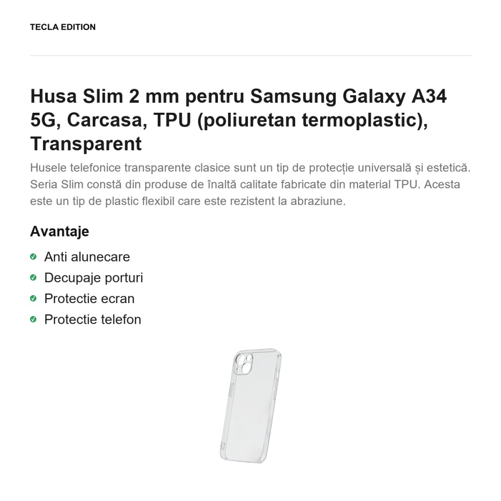 Husa Slim 2 mm pentru Samsung Galaxy A34 5G, Carcasa, TPU (poliuretan termoplastic), Transparent [2]