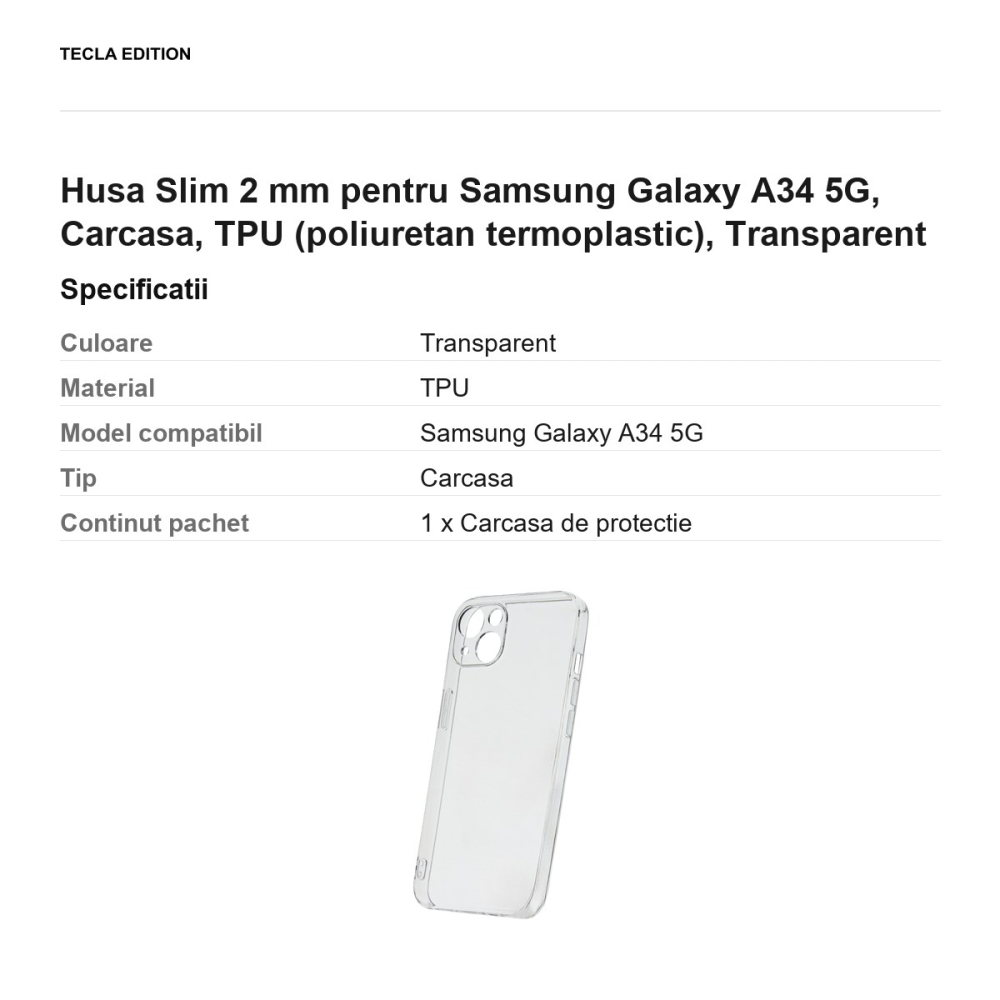 Husa Slim 2 mm pentru Samsung Galaxy A34 5G, Carcasa, TPU (poliuretan termoplastic), Transparent [3]