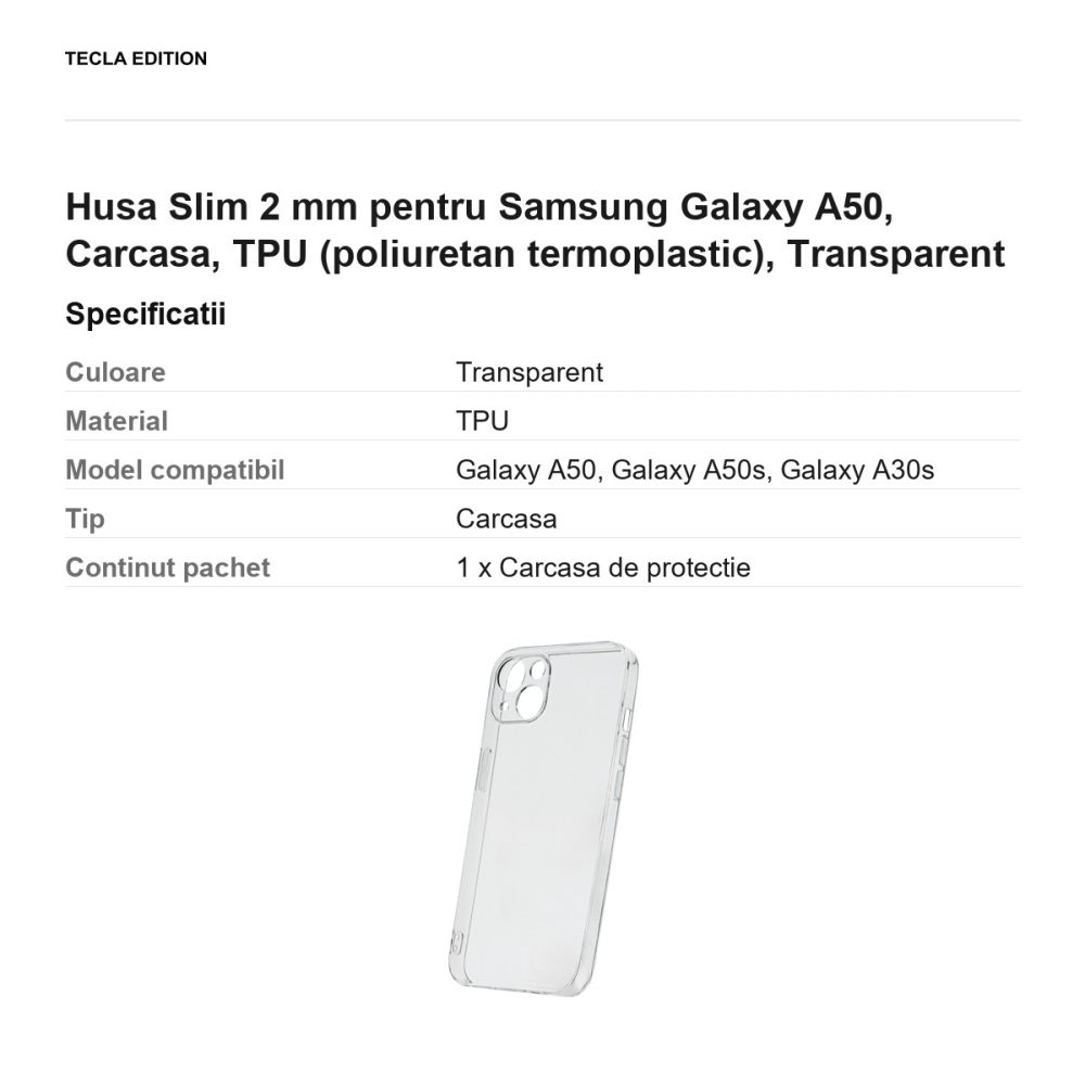 Husa Slim 2 mm pentru Samsung Galaxy A50, Carcasa, TPU (poliuretan termoplastic), Transparent [3]