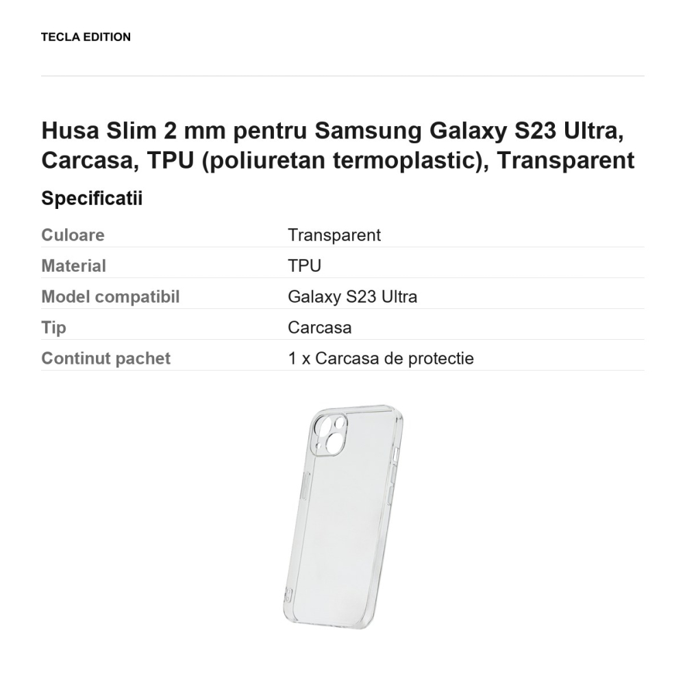Husa Slim 2 mm pentru Samsung Galaxy S23 Ultra, Carcasa, TPU (poliuretan termoplastic), Transparent [3]