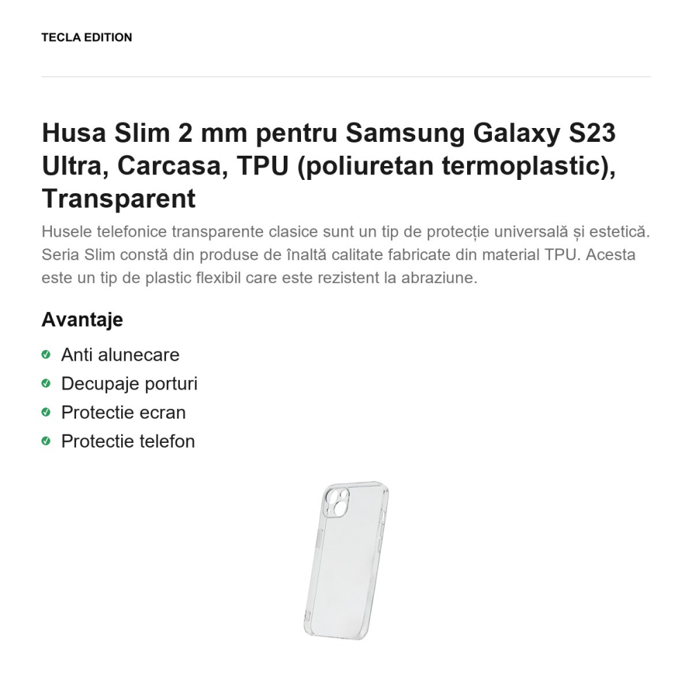 Husa Slim 2 mm pentru Samsung Galaxy S23 Ultra, Carcasa, TPU (poliuretan termoplastic), Transparent [2]