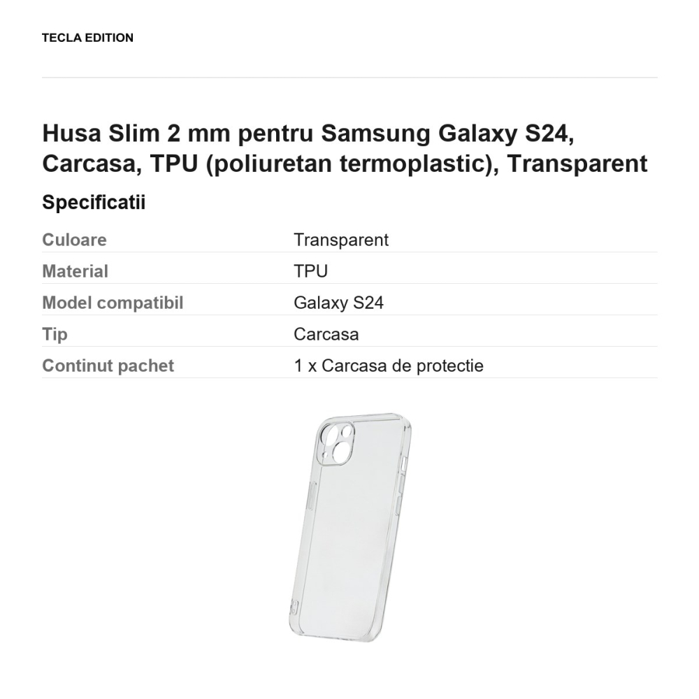 Husa Slim 2 mm pentru Samsung Galaxy S24, Carcasa, TPU (poliuretan termoplastic), Transparent [3]