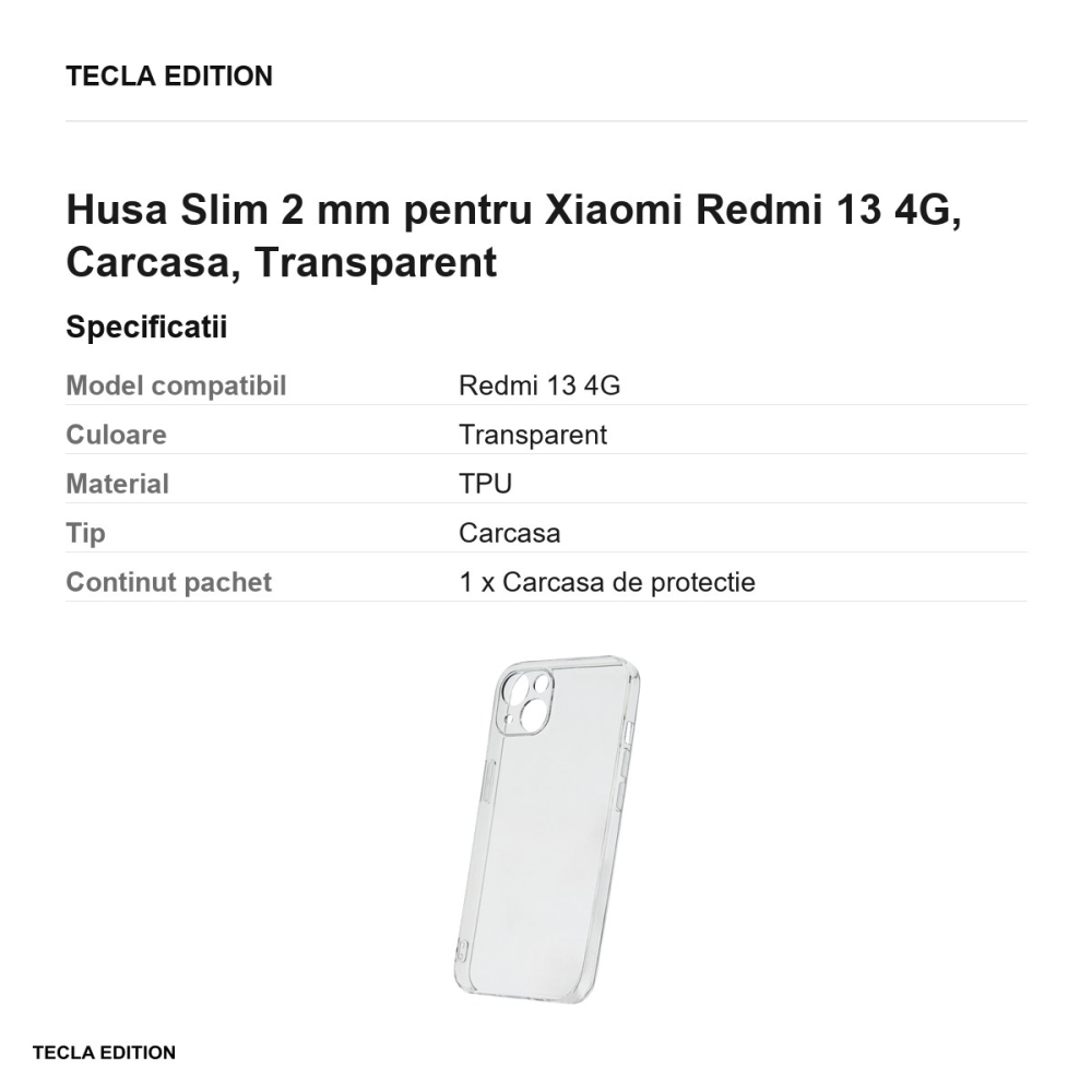 Husa Slim 2 mm pentru Xiaomi Redmi 13 4G, Carcasa, Transparent [3]