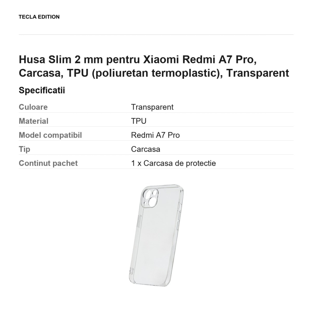 Husa Slim 2 mm pentru Xiaomi Redmi A7 Pro, Carcasa, TPU (poliuretan termoplastic), Transparent [3]