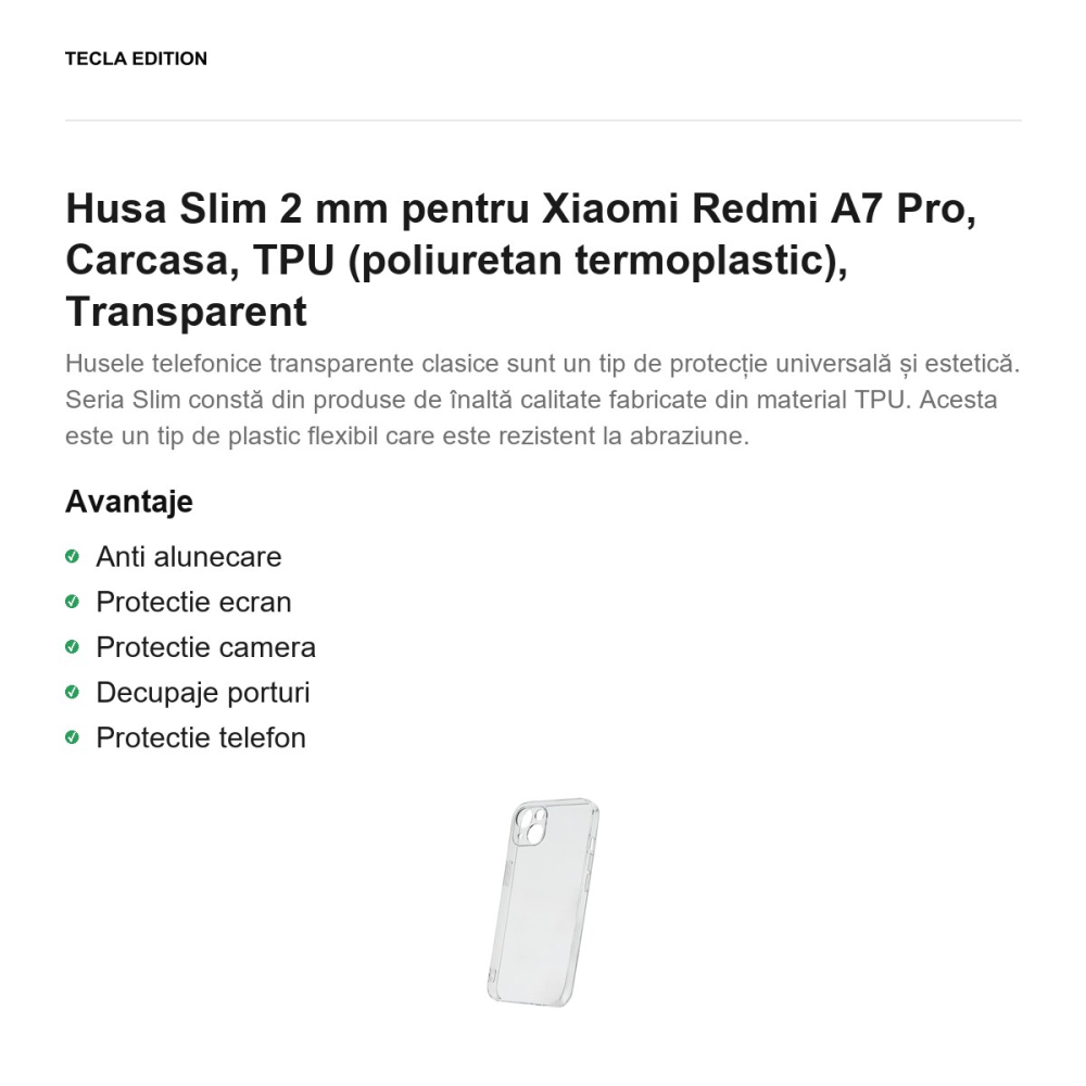 Husa Slim 2 mm pentru Xiaomi Redmi A7 Pro, Carcasa, TPU (poliuretan termoplastic), Transparent [2]