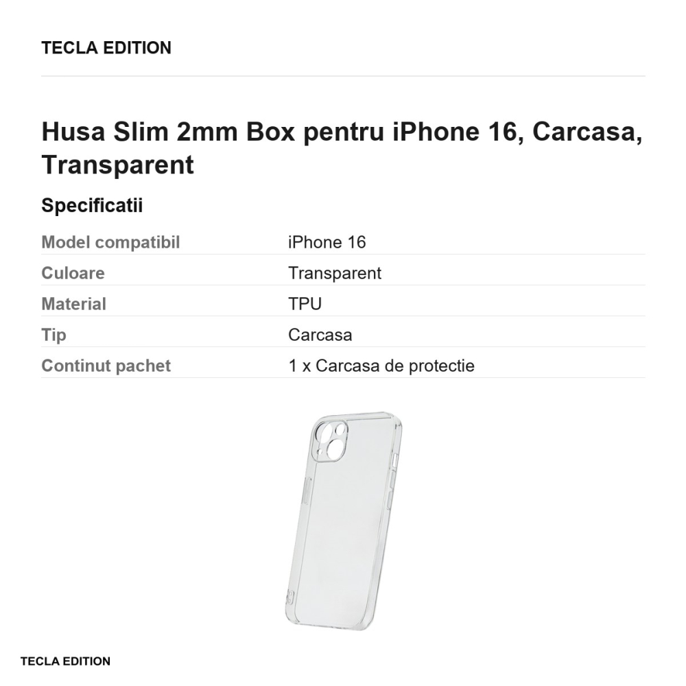 Husa Slim 2mm Box pentru iPhone 16, Carcasa, Transparent [3]