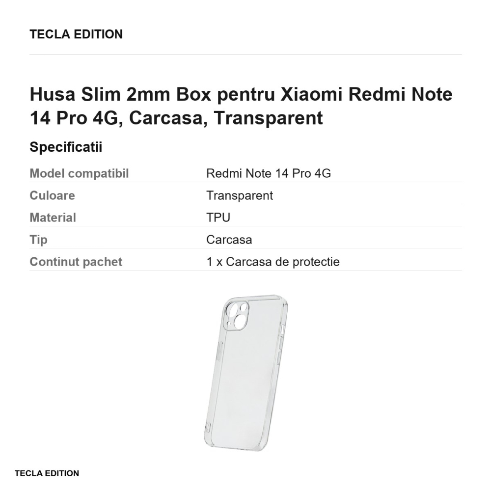 Husa Slim 2mm Box pentru Xiaomi Redmi Note 14 Pro 4G, Carcasa, Transparent [3]