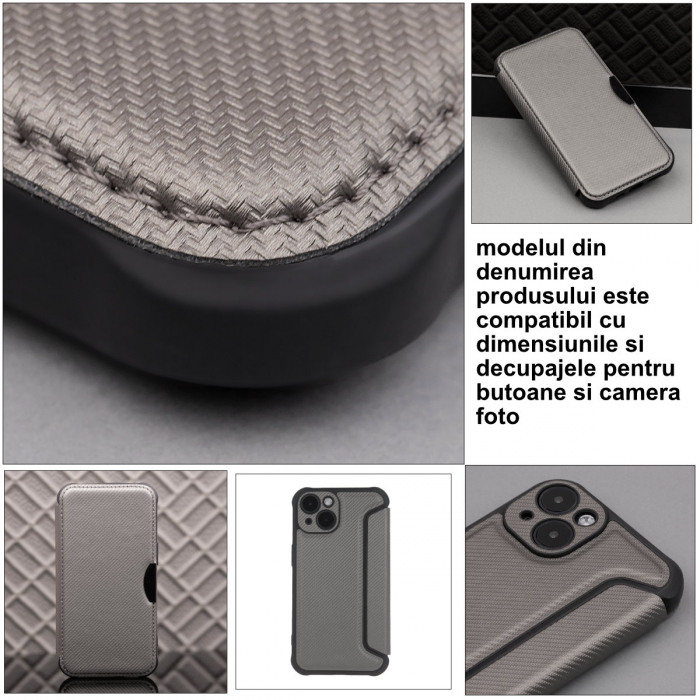 Husa Smart Carbon, compatibila cu Samsung Galaxy A54 5G, premium flip book cu inchidere magnetica si margini intarite, buzunar card, gri [5]