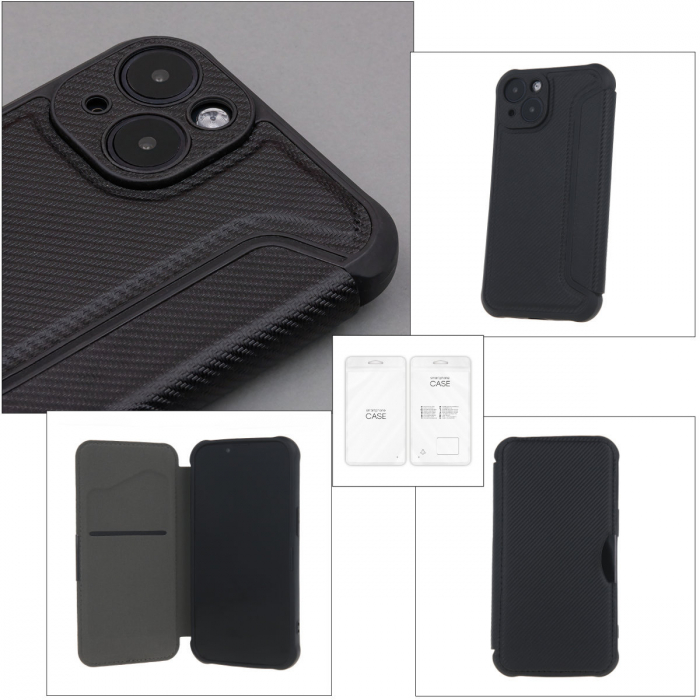 Husa Smart Carbon, compatibila cu Samsung Galaxy A55 5G, premium flip book cu inchidere magnetica si margini intarite, buzunar card, neagra [4]