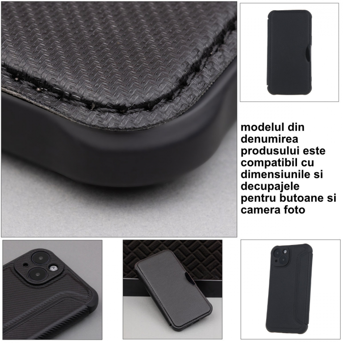 Husa Smart Carbon, compatibila cu Samsung Galaxy A55 5G, premium flip book cu inchidere magnetica si margini intarite, buzunar card, neagra [5]