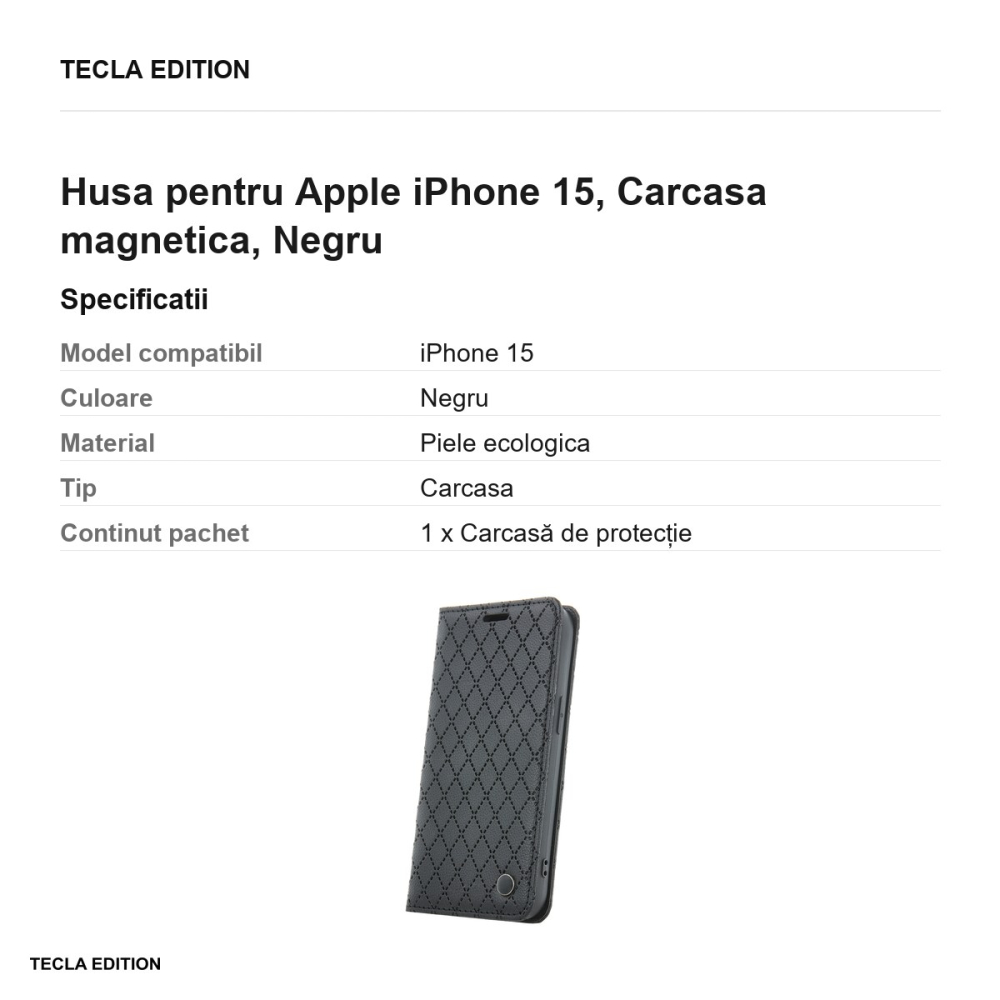 Husa Smart Caro pentru Apple iPhone 15, tip carte cu inchidere magnetica, Negru [3]