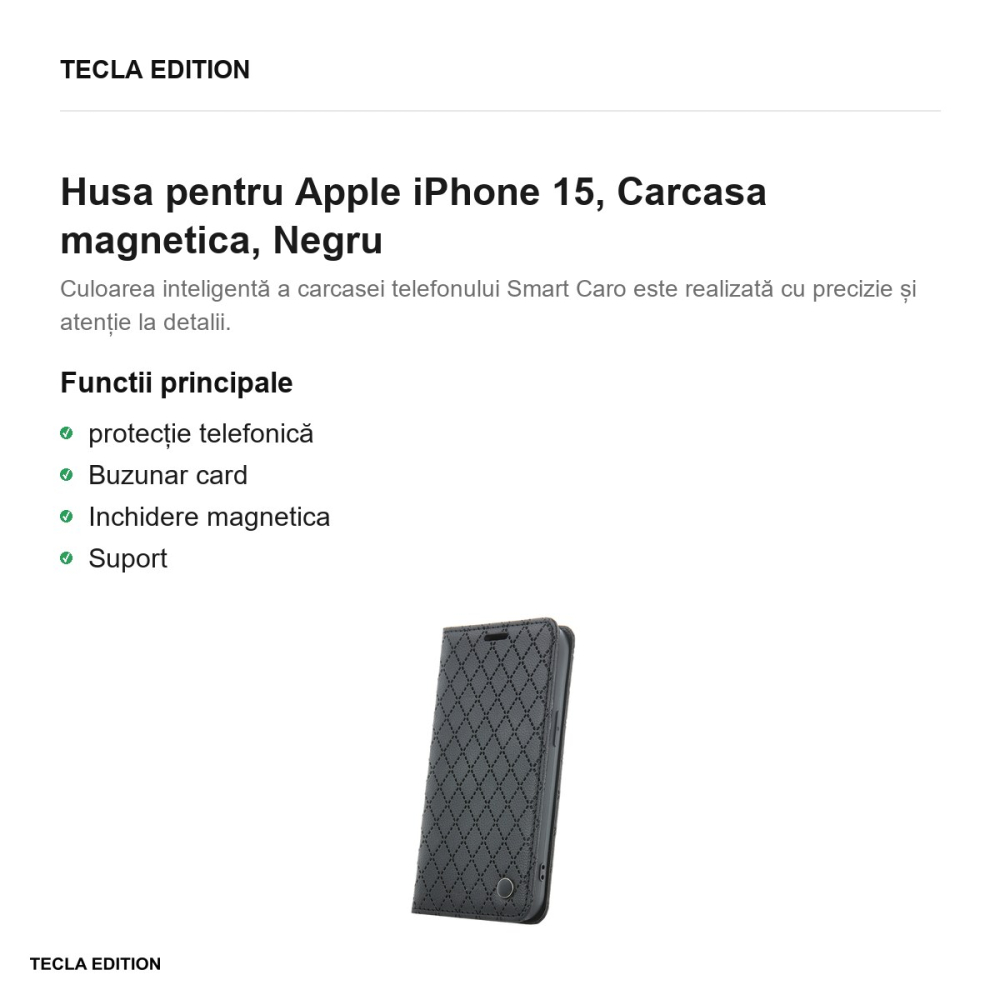 Husa Smart Caro pentru Apple iPhone 15, tip carte cu inchidere magnetica, Negru [2]