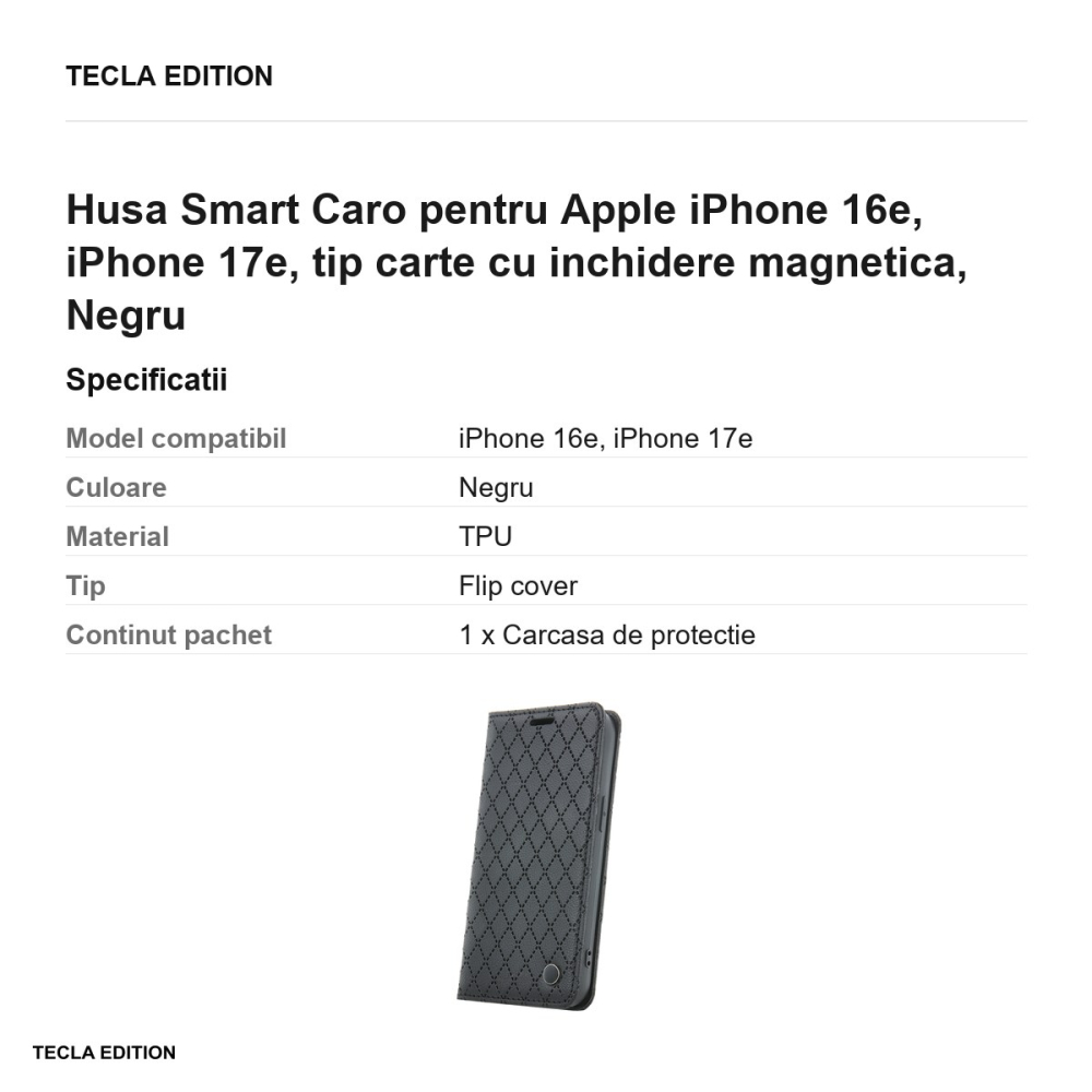 Husa Smart Caro pentru Apple iPhone 16e, iPhone 17e, tip carte cu inchidere magnetica, Negru [3]