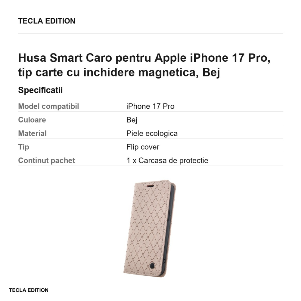 Husa Smart Caro pentru Apple iPhone 17 Pro, tip carte cu inchidere magnetica, Bej [3]