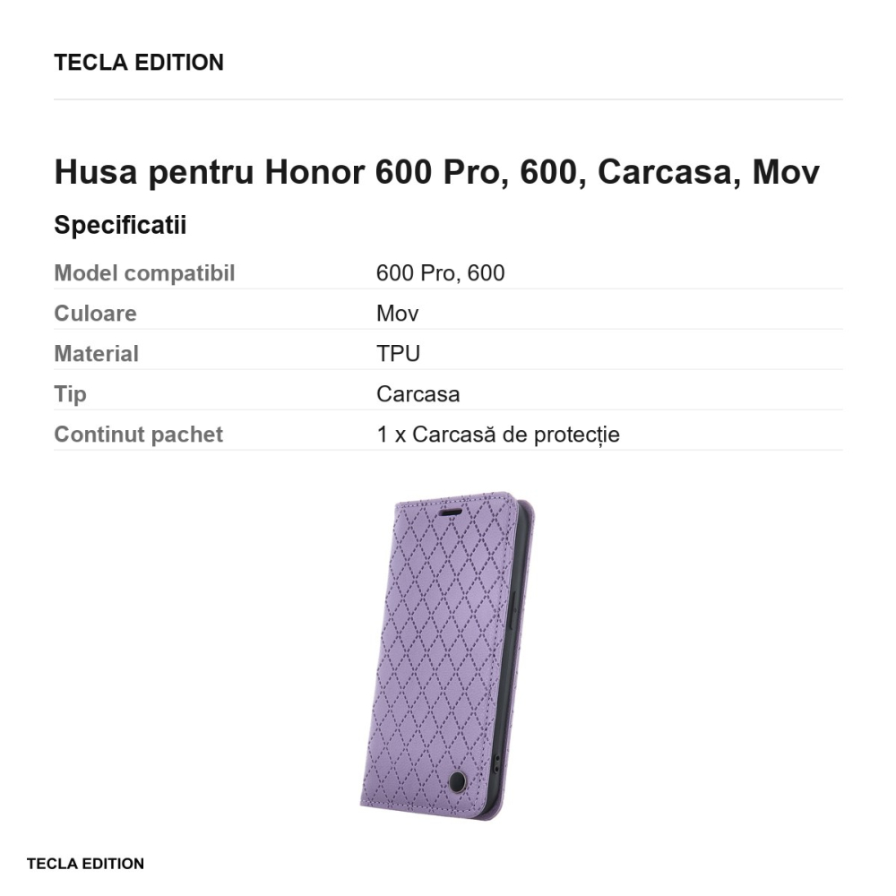 Husa Smart Caro pentru Honor 600 Pro, 600, tip carte, Mov [3]