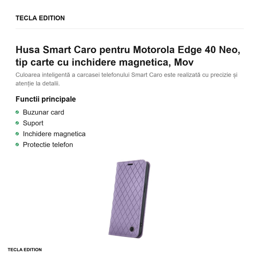 Husa Smart Caro pentru Motorola Edge 40 Neo, tip carte cu inchidere magnetica, Mov [2]