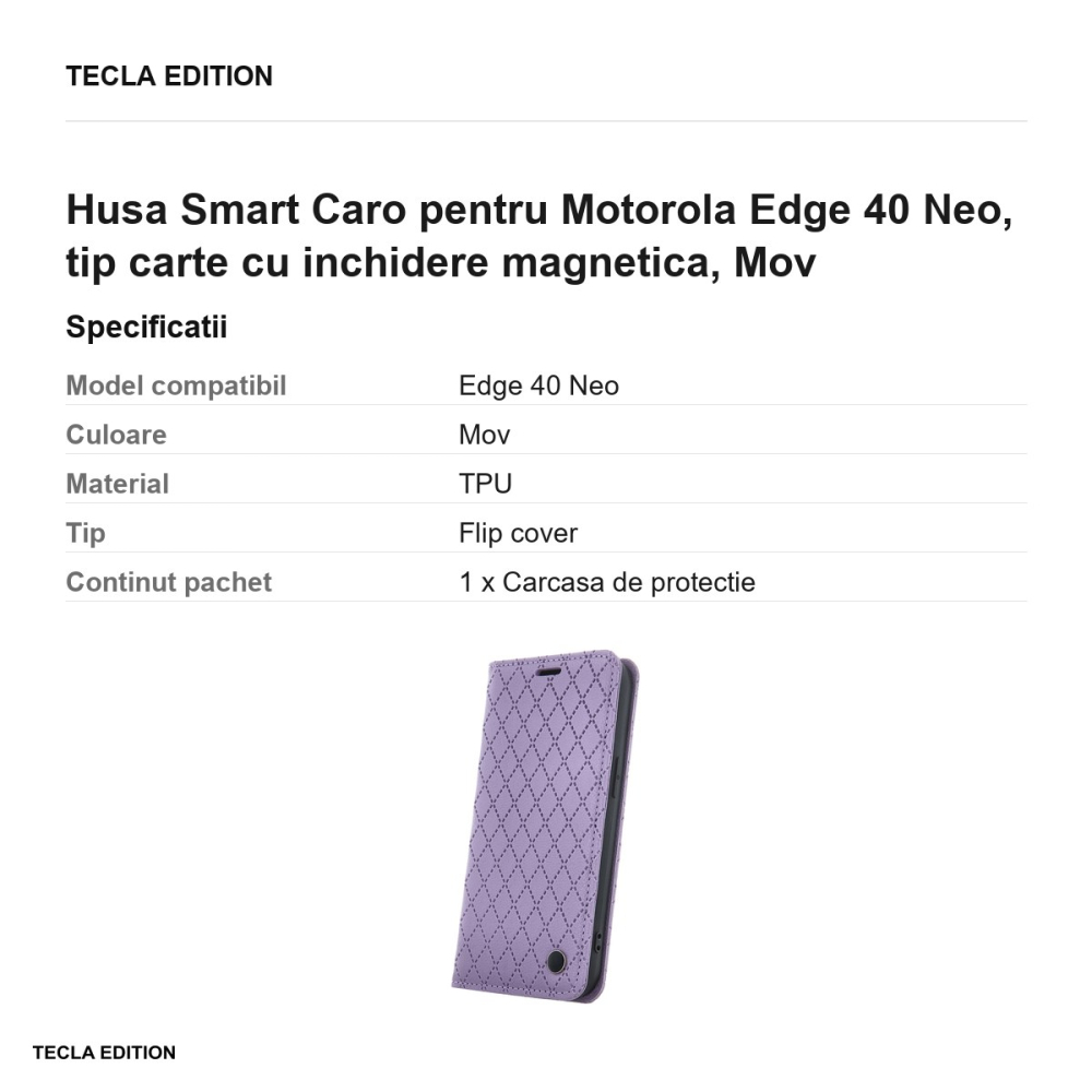 Husa Smart Caro pentru Motorola Edge 40 Neo, tip carte cu inchidere magnetica, Mov [3]