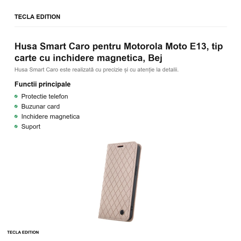 Husa Smart Caro pentru Motorola Moto E13, tip carte cu inchidere magnetica, Bej [2]