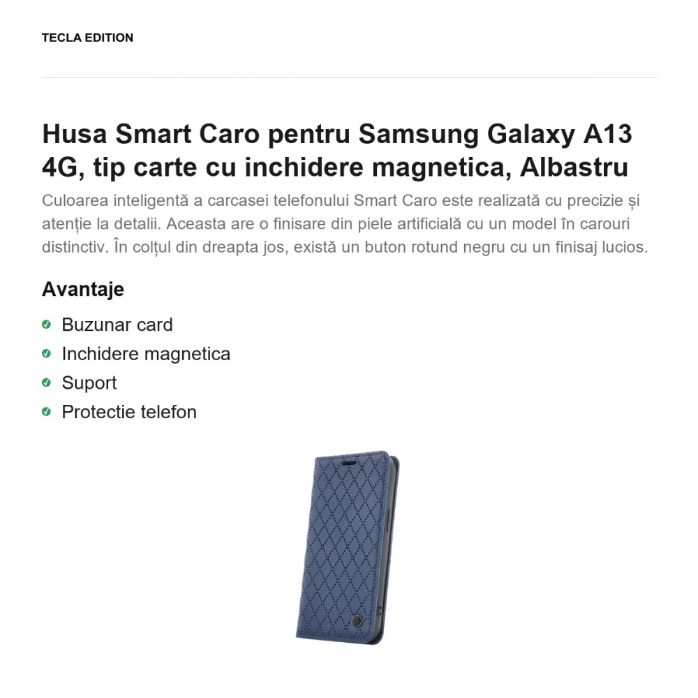Husa Smart Caro pentru Samsung Galaxy A13 4G, tip carte cu inchidere magnetica, Albastru [2]