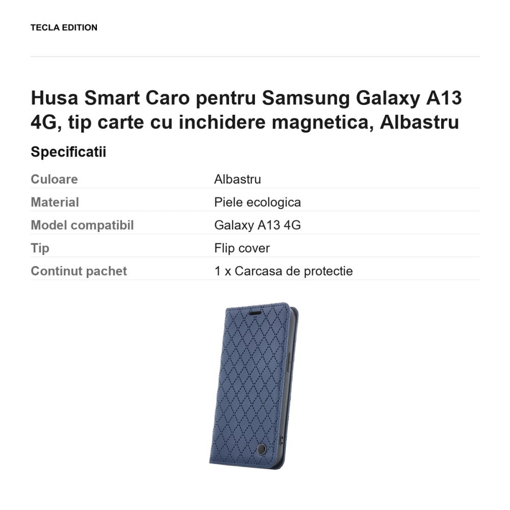 Husa Smart Caro pentru Samsung Galaxy A13 4G, tip carte cu inchidere magnetica, Albastru [3]