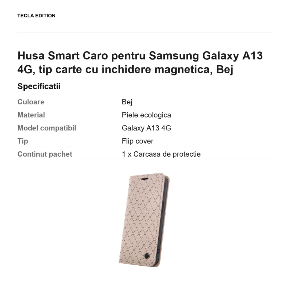 Husa Smart Caro pentru Samsung Galaxy A13 4G, tip carte cu inchidere magnetica, Bej [3]