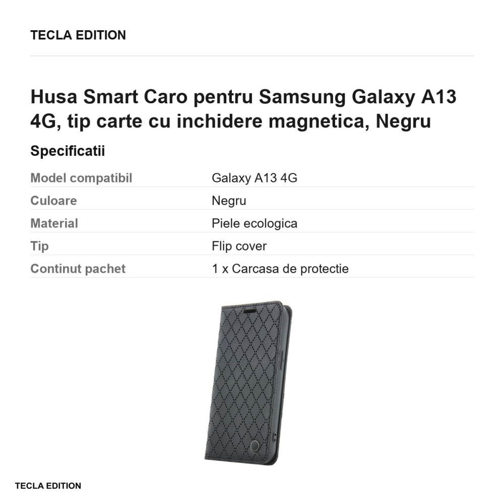 Husa Smart Caro pentru Samsung Galaxy A13 4G, tip carte cu inchidere magnetica, Negru [3]