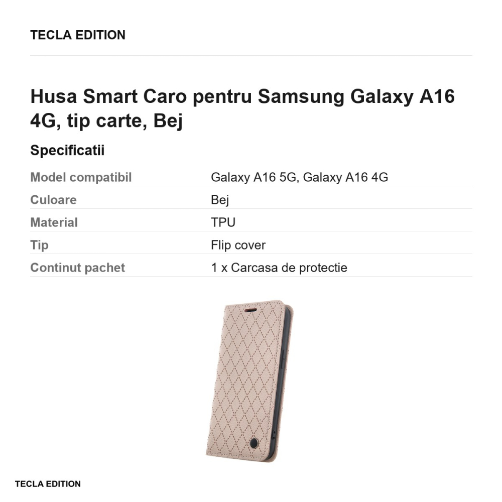 Husa Smart Caro pentru Samsung Galaxy A16 4G, tip carte, Bej [3]