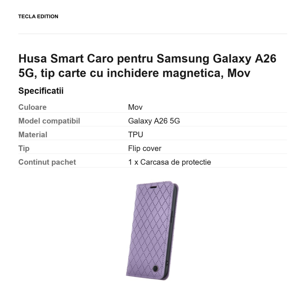 Husa Smart Caro pentru Samsung Galaxy A26 5G, tip carte cu inchidere magnetica, Mov [3]