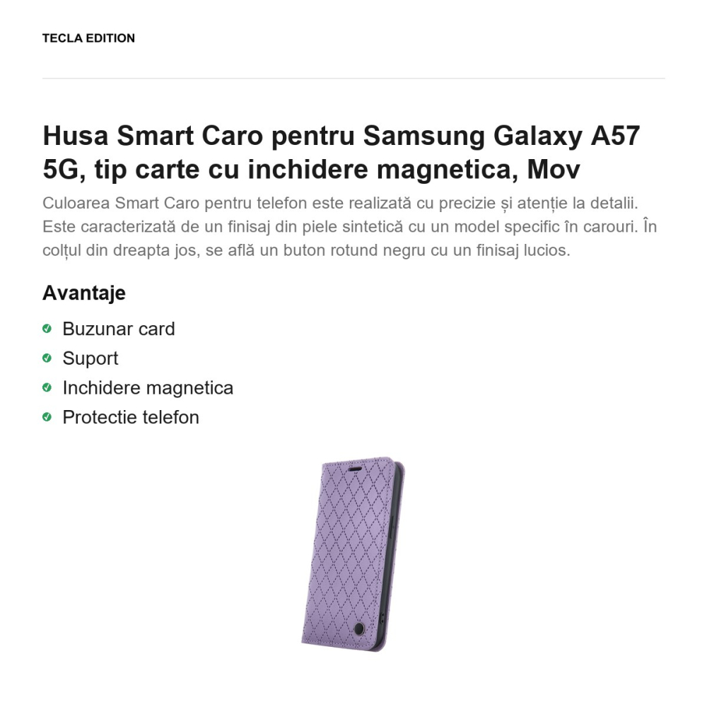 Husa Smart Caro pentru Samsung Galaxy A57 5G, tip carte cu inchidere magnetica, Mov [2]