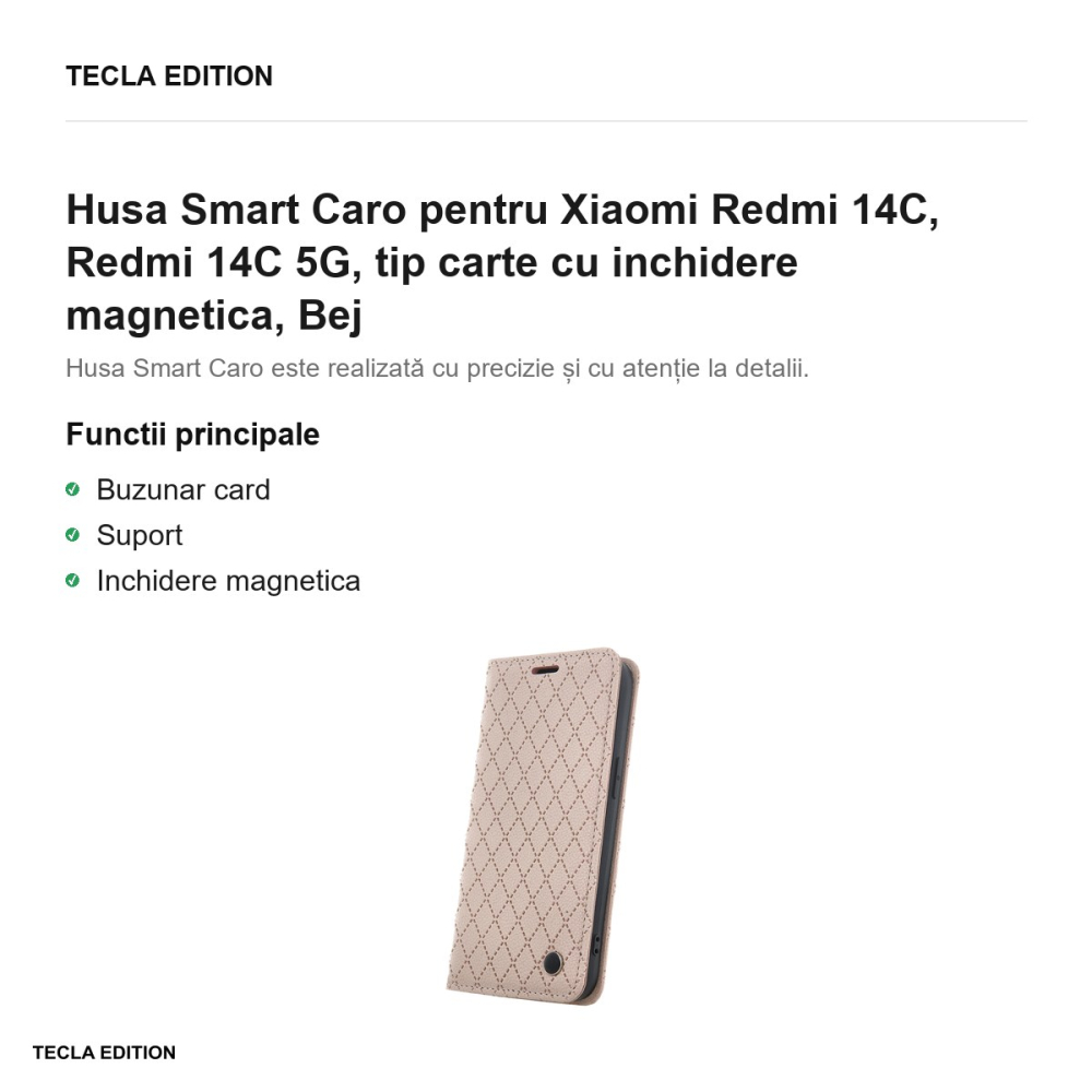 Husa Smart Caro pentru Xiaomi Redmi 14C, Redmi 14C 5G, tip carte cu inchidere magnetica, Bej [2]