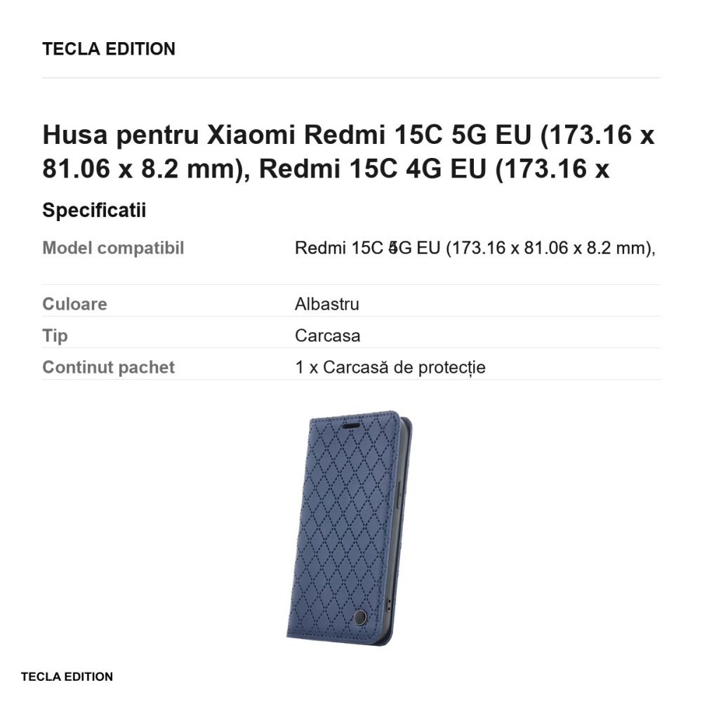 Husa Smart Caro pentru Xiaomi Redmi 15C 5G EU, Redmi 15C 4G EU, tip carte cu inchidere magnetica, Albastru [3]