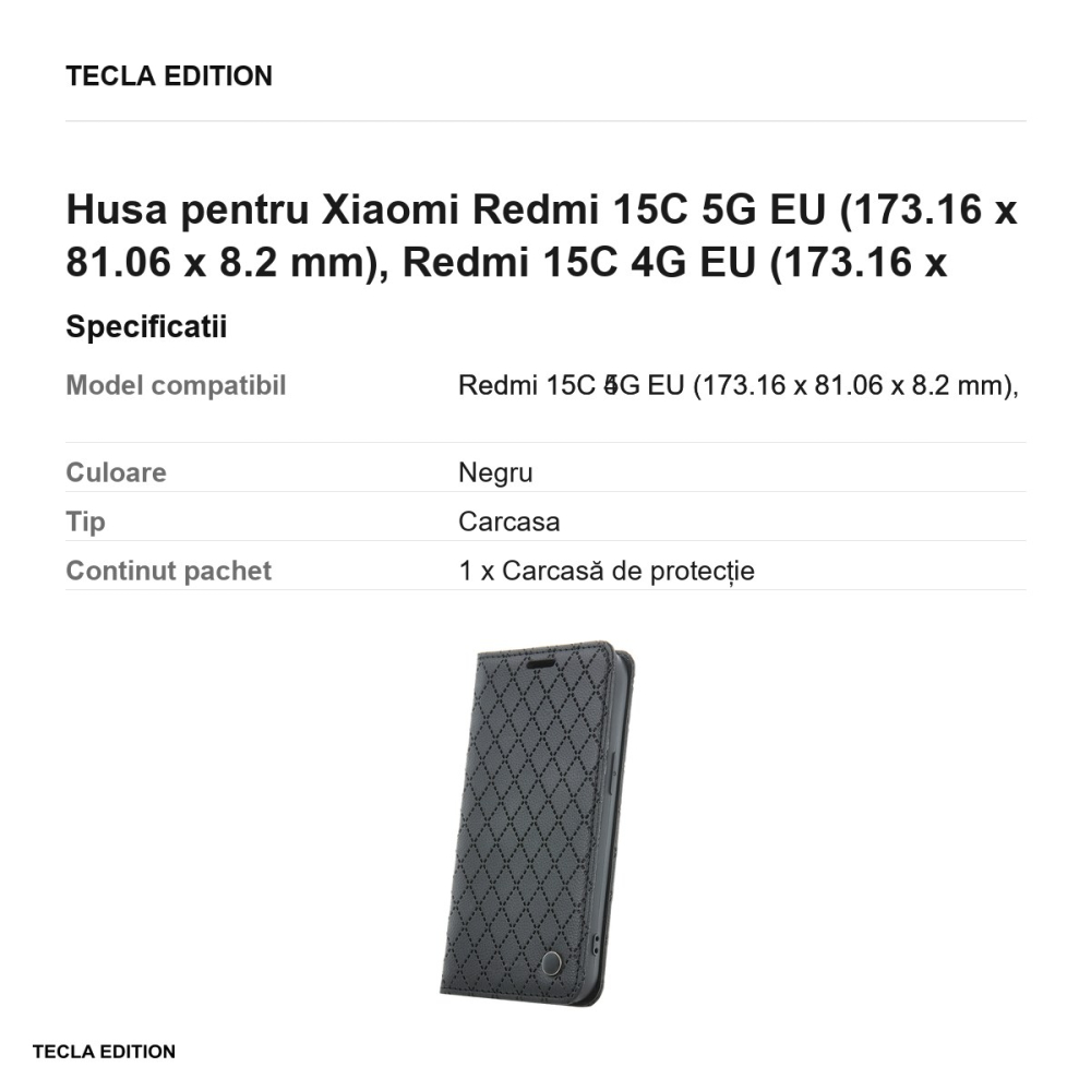 Husa Smart Caro pentru Xiaomi Redmi 15C 5G EU, Redmi 15C 4G EU, tip carte cu inchidere magnetica, Negru [3]