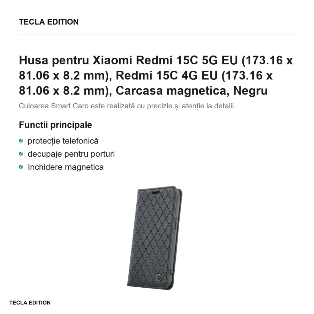 Husa Smart Caro pentru Xiaomi Redmi 15C 5G EU, Redmi 15C 4G EU, tip carte cu inchidere magnetica, Negru [2]