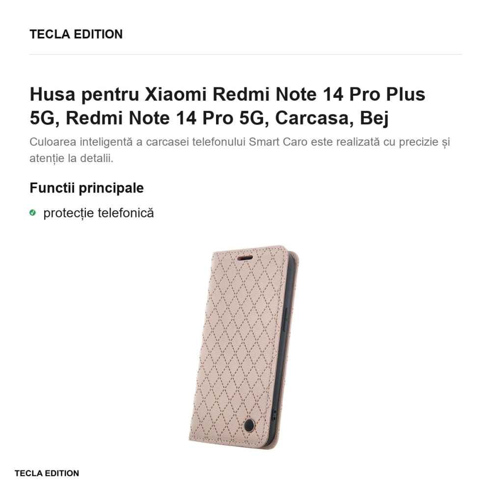Husa Smart Caro pentru Xiaomi Redmi Note 14 Pro Plus 5G, Redmi Note 14 Pro 5G, tip carte, Bej [2]