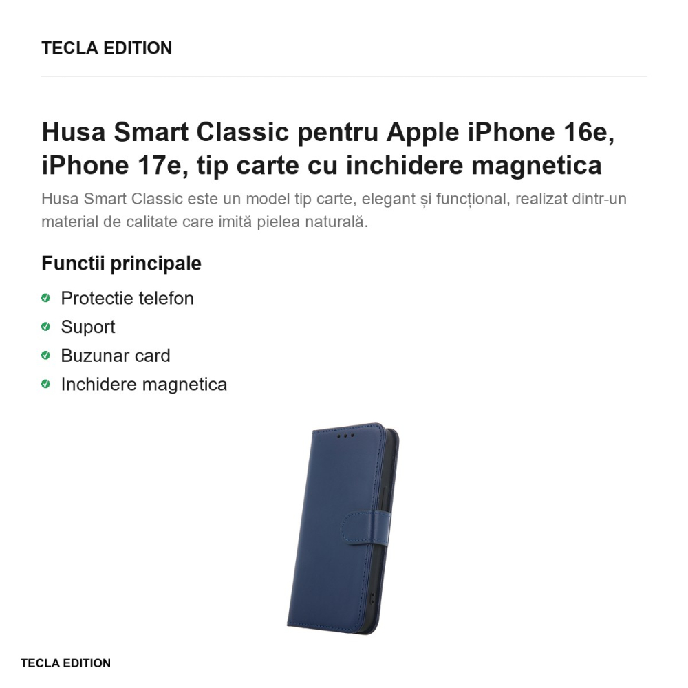 Husa Smart Classic pentru Apple iPhone 16e, iPhone 17e, tip carte cu inchidere magnetica, Albastru [2]