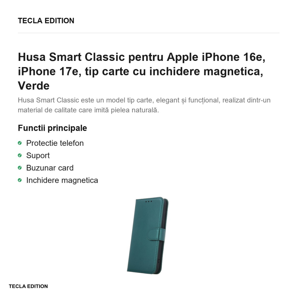 Husa Smart Classic pentru Apple iPhone 16e, iPhone 17e, tip carte cu inchidere magnetica, Verde [2]