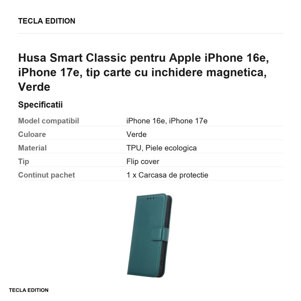 Husa Smart Classic pentru Apple iPhone 16e, iPhone 17e, tip carte cu inchidere magnetica, Verde [3]