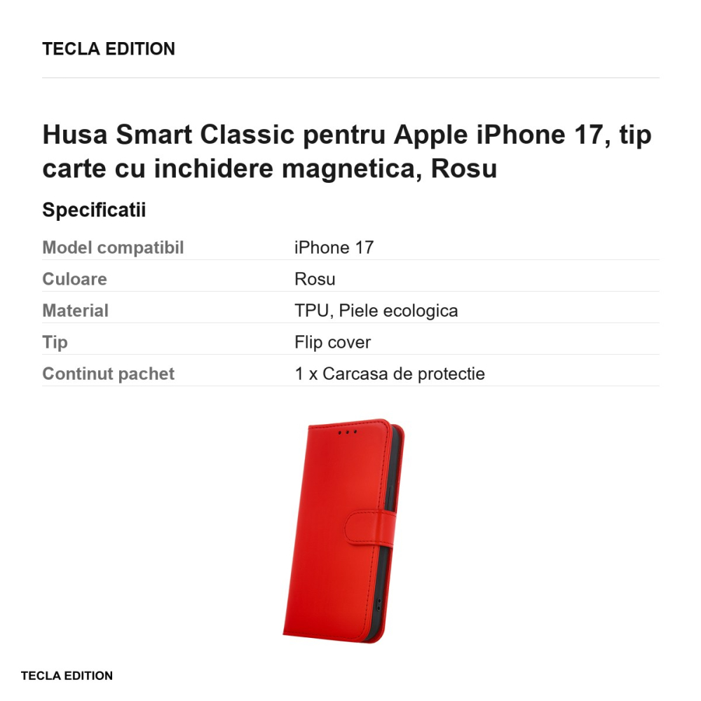 Husa Smart Classic pentru Apple iPhone 17, tip carte cu inchidere magnetica, Rosu [3]