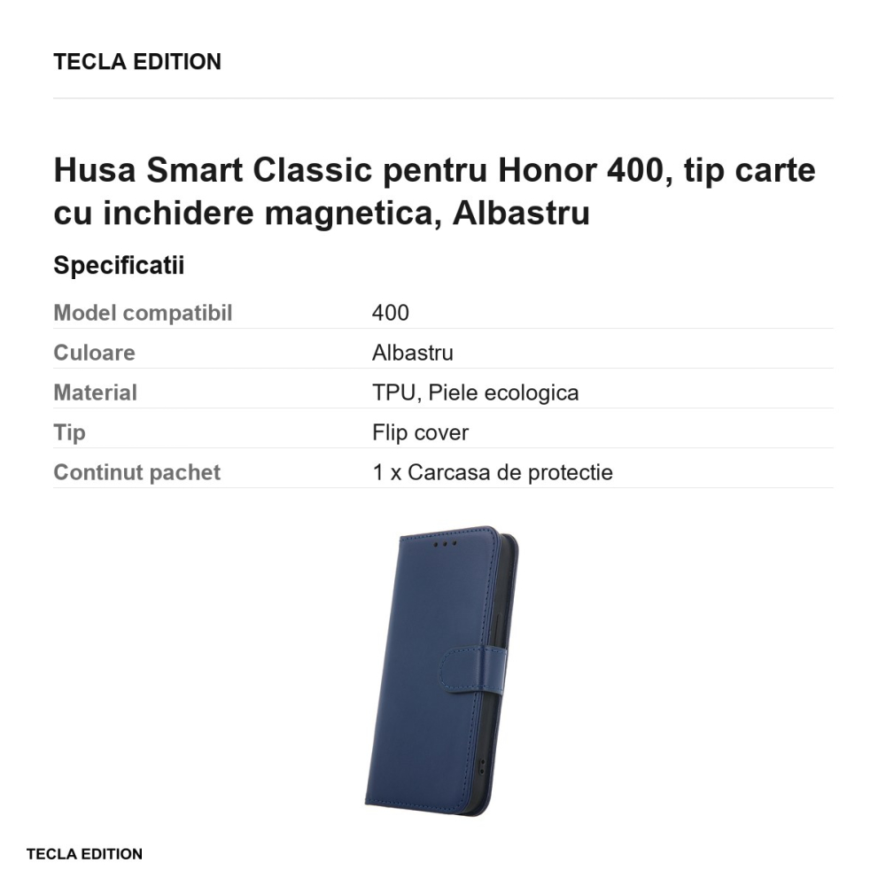 Husa Smart Classic pentru Honor 400, tip carte cu inchidere magnetica, Albastru [3]
