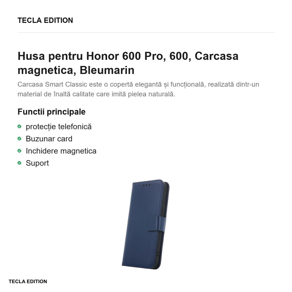 Husa Smart Classic pentru Honor 600 Pro, 600, tip carte cu inchidere magnetica, Bleumarin [2]