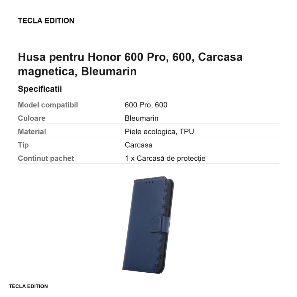 Husa Smart Classic pentru Honor 600 Pro, 600, tip carte cu inchidere magnetica, Bleumarin [3]