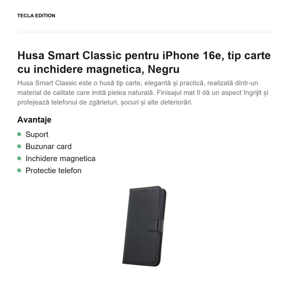 Husa Smart Classic pentru iPhone 16e, tip carte cu inchidere magnetica, Negru [2]