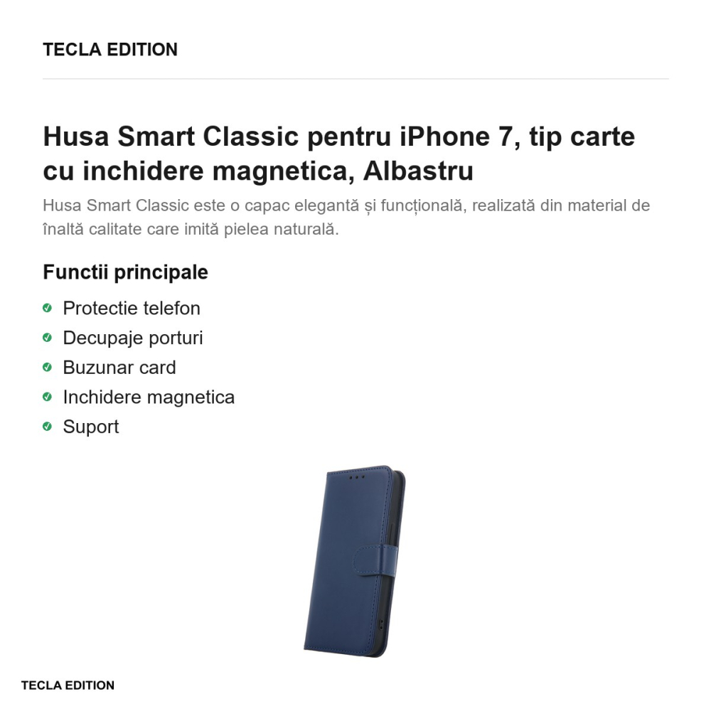 Husa Smart Classic pentru iPhone 7, tip carte cu inchidere magnetica, Albastru [2]