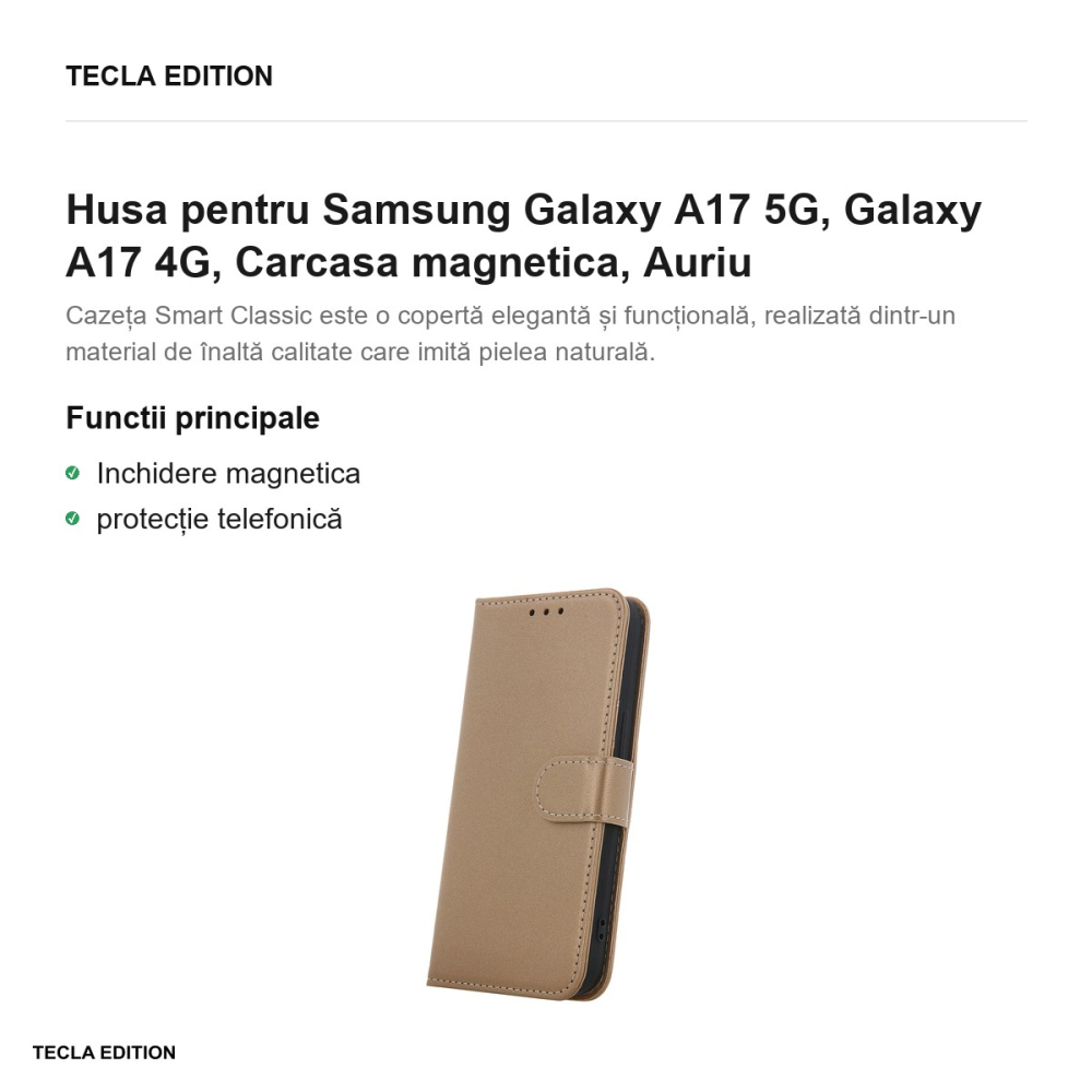 Husa Smart Classic pentru Samsung Galaxy A17 5G, Galaxy A17 4G, tip carte cu inchidere magnetica, Auriu [2]