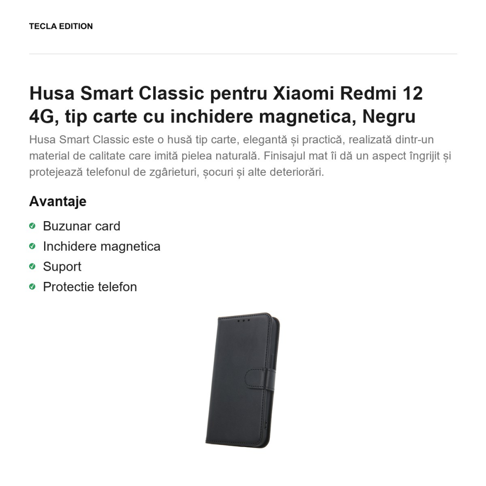 Husa Smart Classic pentru Xiaomi Redmi 12 4G, tip carte cu inchidere magnetica, Negru [2]